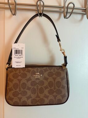COACH Brown Signature Canvas Mini Shoulder Bag with Gold Hardware